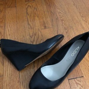 Black leather wedge high heel